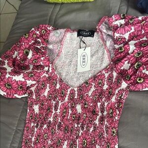 Cider Pink & White Floral Smocked Puff-Sleeve Midi Dress